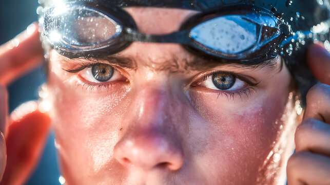Determined swimmer adjusting goggles before diving into the pool