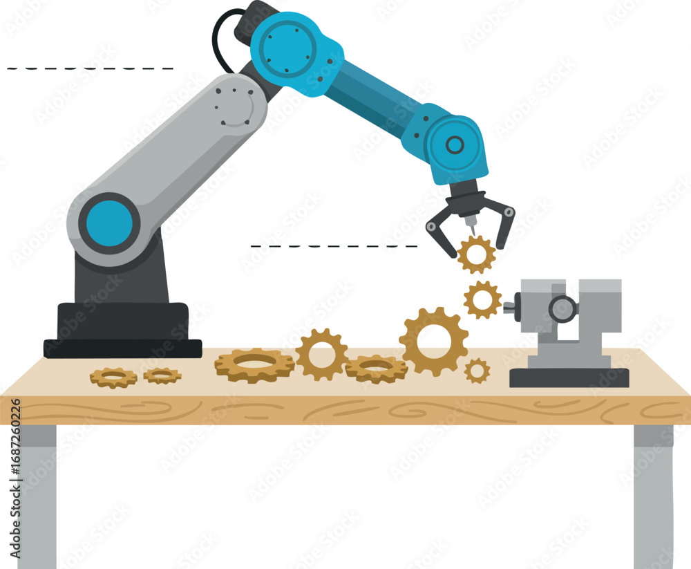 Aufkleber industrial robotic arm assembling mechanical gears on wooden workbench in factory setting vector ill