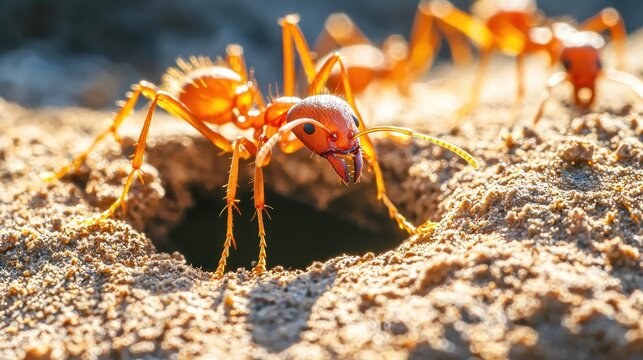 Fire ants at hole closeup for Texas pest concept in summer season, macro closeup detail.