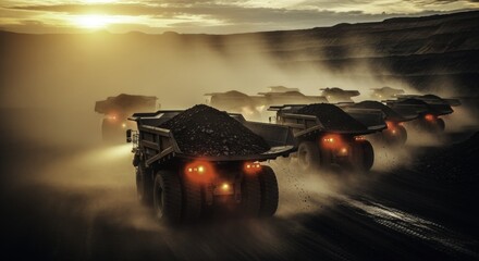 mining dump trucks, laden with raw materials, move in convoy through a dusty open-pit mine during a golden hour sunset, highlighting heavy industrial operations.