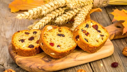 Sliced fruitcake on wooden board