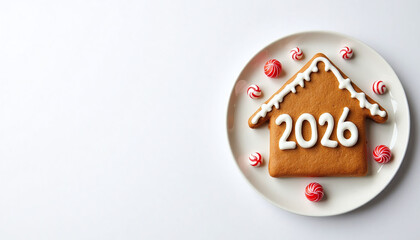 Gingerbread decorated with the numbers 2026 in the form of a gingerbread house on a white background with lollipop. Christmas card with place for text. Concept of holiday brands and festive baking