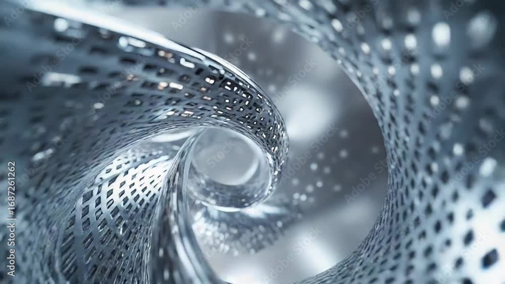 Poster abstract metallic swirling mesh tunnel creating a futuristic vortex