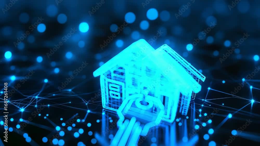 Poster glowing key unlocking glowing house on network background