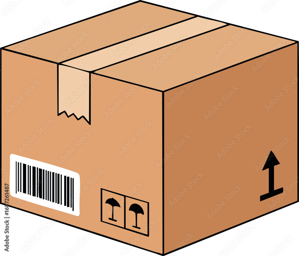 Poster cardboard shipping box with barcode fragile and handle with care symbols vector illustration packagi