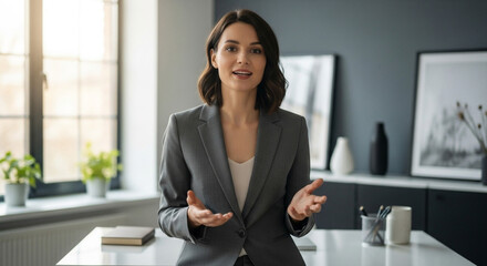 Confident businesswoman confidently presenting ideas in a modern professional office setting