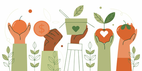 Diverse hands offering fruits money and plants symbolizing growth charity and community support