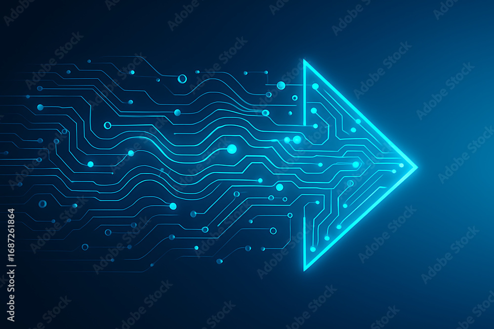 Poster glowing arrow on abstract circuit board with light lines represents the digital technology, business