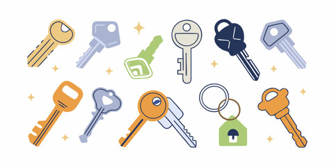 Collection of colorful flat design keys and a house keychain with sparkling stars on a white background