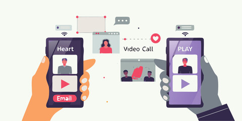 Hands holding smartphones connecting through video calls and digital communication with icons and chat bubbles