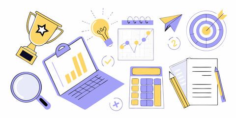 Business success concept with trophy charts lightbulb calculator and target