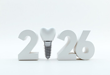 2026 numbers with tooth implant crown, metallic details shining,concept of dentistry, technology, health