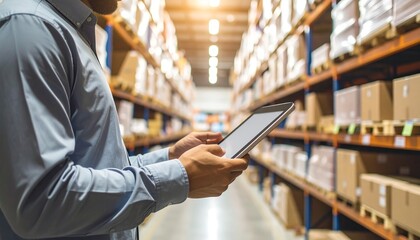 Warehouse management employee using tablet