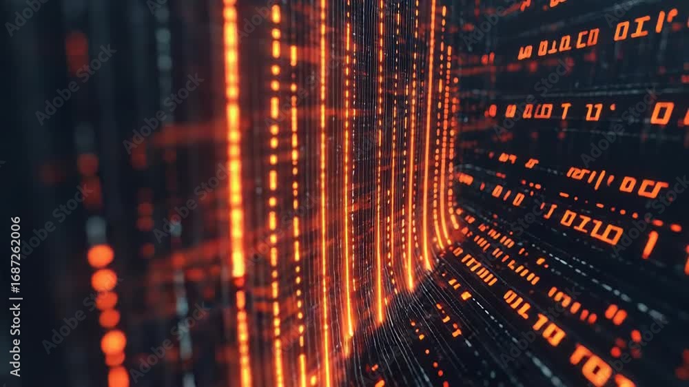 Poster binary code stream flowing through cyberspace tunnel