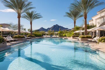 Serenity at a Luxury Poolside with Palm Trees and Mountain View
