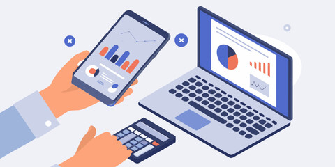 Hands using a smartphone and calculator with a laptop displaying financial charts and graphs for data analysis