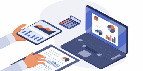 Hands analyzing financial charts and graphs on a tablet laptop and clipboard with a calculator nearby