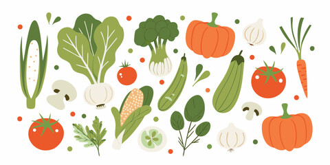 A vibrant collection of fresh vegetables and herbs arranged in a playful and colorful flat design style