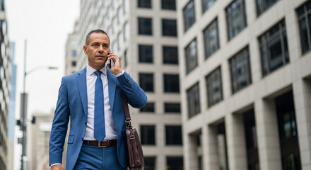 Confident businessman in blue suit talks on phone while walking past modern office buildings downtown