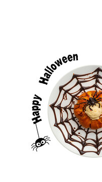 Halloween-themed illustration of a white plate decorated with chocolate in a spiderweb design, featuring spider-shaped bread, with spooky Halloween text, perfect for seasonal festival use.