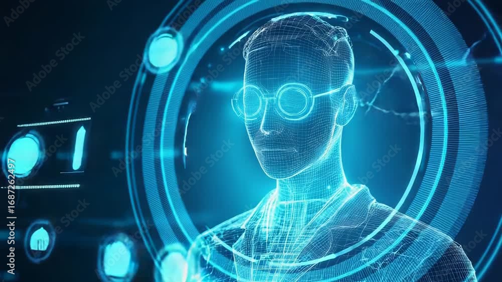 Aufkleber digital businessman hologram emerging from futuristic hud displaying data analysis