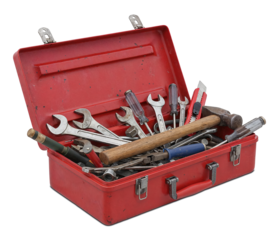 Open red used toolbox with many tools isolated on transparent background. PNG