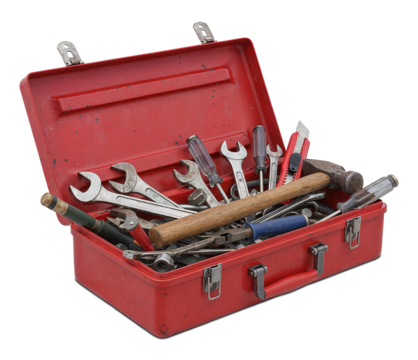 Open red used toolbox with many tools isolated on transparent background. PNG