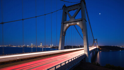 Modern Suspension Bridge Nightscape Long Exposure Traffic Light Trails & Urban Luxury