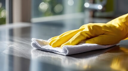 A hand in a yellow glove wipes a clean surface with a cloth, showcasing a bright and tidy cleaning environment.