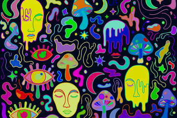 Fototapeta premium Psychedelic Dreamscape Trippy Mushrooms and Cosmic Faces