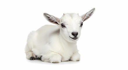 Baby Goat: White Kid Lying Down on White Background - Perfect for Farm, Animal, and Agriculture Projects