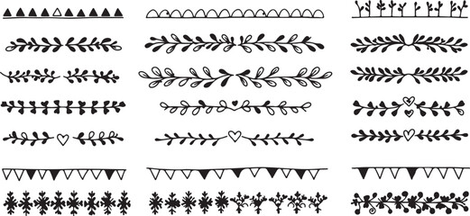 Fototapeta premium Assortment of Hand- Drawn Black and White Decorative Borders and Dividers with Botanical and Geometric Designs