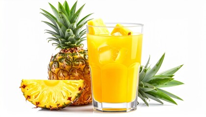 Cold glass of pineapple juice with golden yellow color tropical fruity beverage refreshing drink isolated on white background
