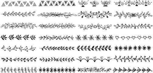 Fototapeta premium Hand- Drawn Black and White Decorative Borders and Dividers with Botanical and Geometric Elements hand-drawn