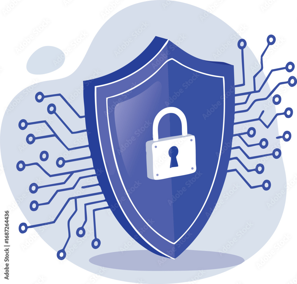 Aufkleber cybersecurity shield with lock icon and circuit connections representing digital data protection and