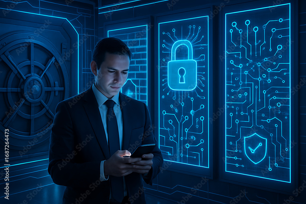 Poster a man in a suit is using a smartphone in a futuristic room with glowing blue security symbols, repre