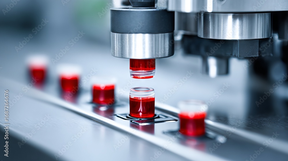Poster laboratory equipment with automated system analyzing red liquid samples in small vials, showcasing a