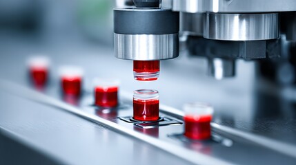 Laboratory equipment with automated system analyzing red liquid samples in small vials, showcasing advanced technology and precision in scientific research and analysis