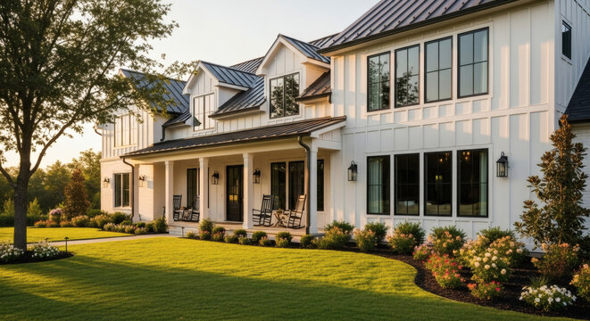 Fototapeta A modern farmhouse exterior at golden hour: white siding, black window frames, a large welcoming porch with rocking chairs, and a manicured front lawn