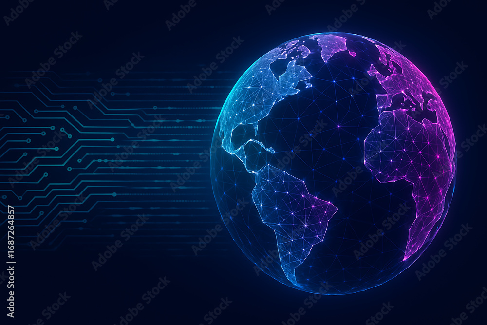 Poster a digital wireframe globe with glowing connected points and a circuit board pattern, symbolizing glo