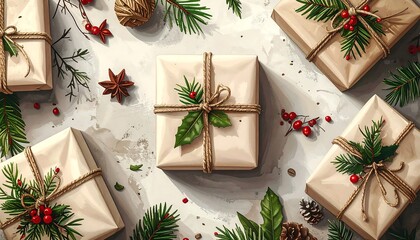 Watercolor illustration of rustic Christmas gift boxes arranged in a flat lay with festive greenery and decorations