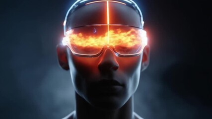 A person wearing futuristic glowing goggles with a fiery orange band across the eyes and a neon vertical line, sci-fi headshot. - Powered by Adobe