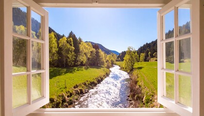 Open window, idyllic valley view