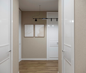 3D render of the interior of a narrow corridor in an apartment with white doors, empty picture frames and a black lamp.