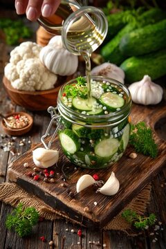 A jar of pickled cucumbers with garlic and herbs on a wooden cutting board. Fresh vegetables like cauliflower and cucumbers are in the background.