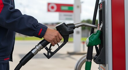 Closeup of Hand Holding Fuel Pump Nozzle While Filling Petrol at Modern City Gas Station in Daylight"