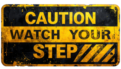 Grungy yellow-and-black warning sign that reads "CAUTION WATCH YOUR STEP" with bold text and diagonal hazard stripes.