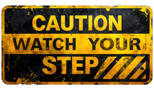 Grungy yellow-and-black warning sign that reads "CAUTION WATCH YOUR STEP" with bold text and diagonal hazard stripes.