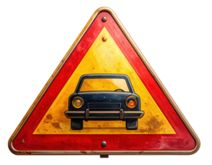 Triangular vintage road warning sign showing a front-view car icon with red border, yellow face, and worn rusty metal finish.