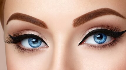 Obraz premium Close-up of striking blue eyes with dramatic eyeliner and long lashes, showcasing beauty and elegance, perfect for makeup and cosmetic inspiration in fashion photography